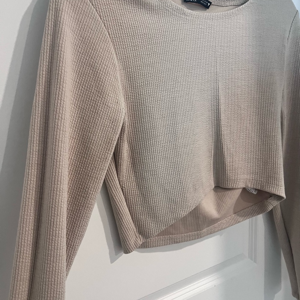 Zara Taupe Ribbed Long Sleeve Crop Top - Picture 3 of 5